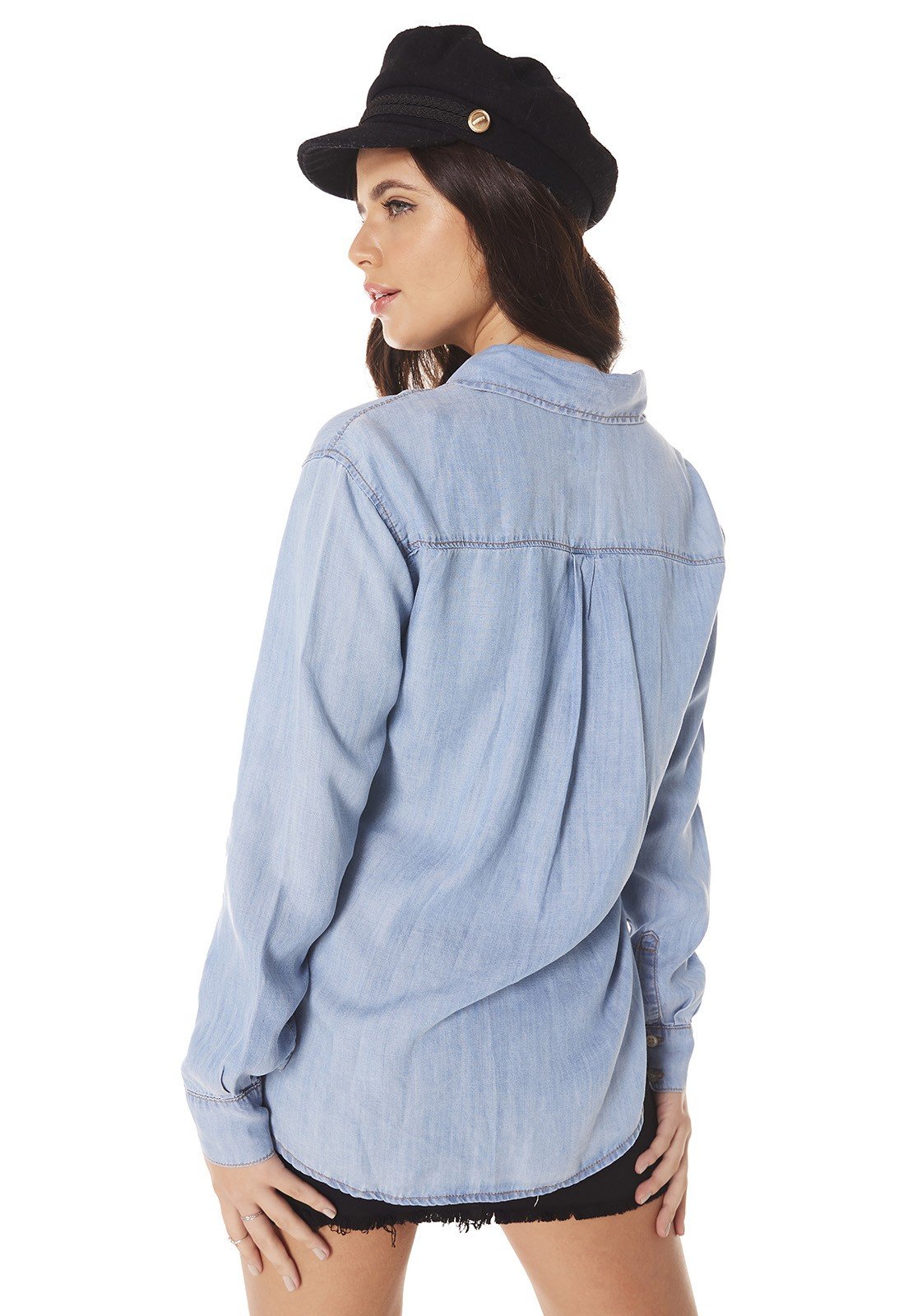dz11158 camisa jeans feminina oversized fechamento com botoes denim zero costas
