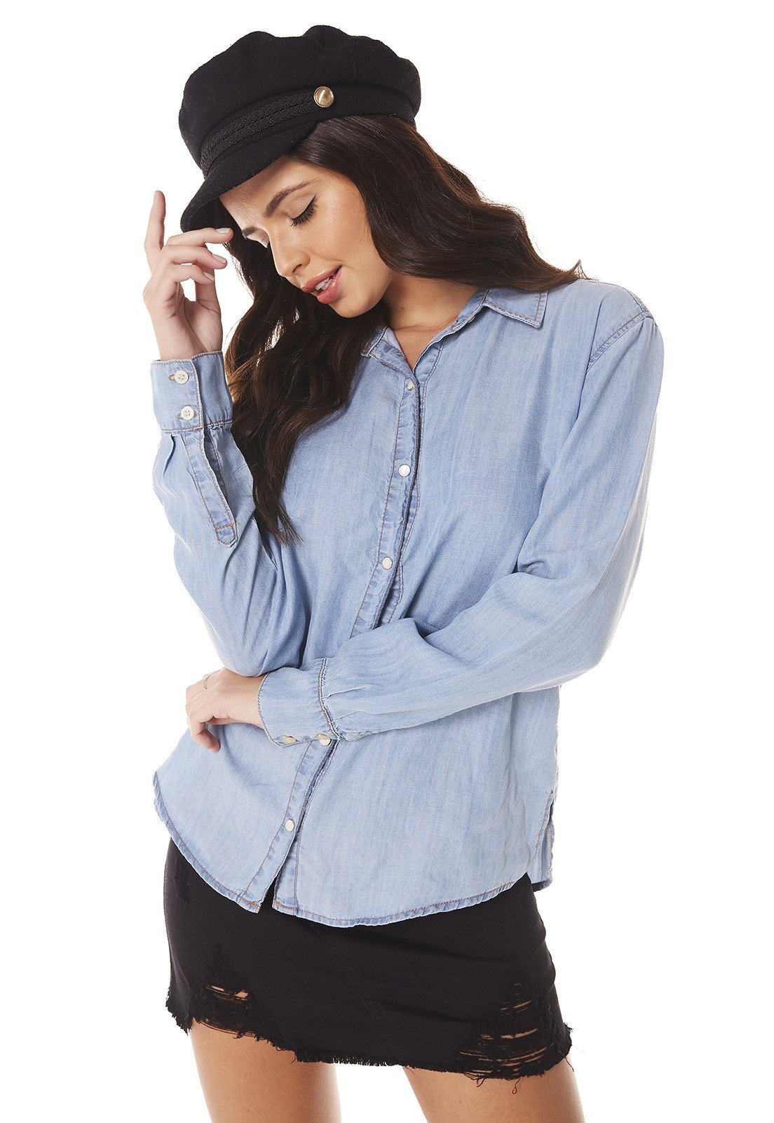 dz11158 camisa jeans feminina oversized fechamento com botoes denim zero frente prox