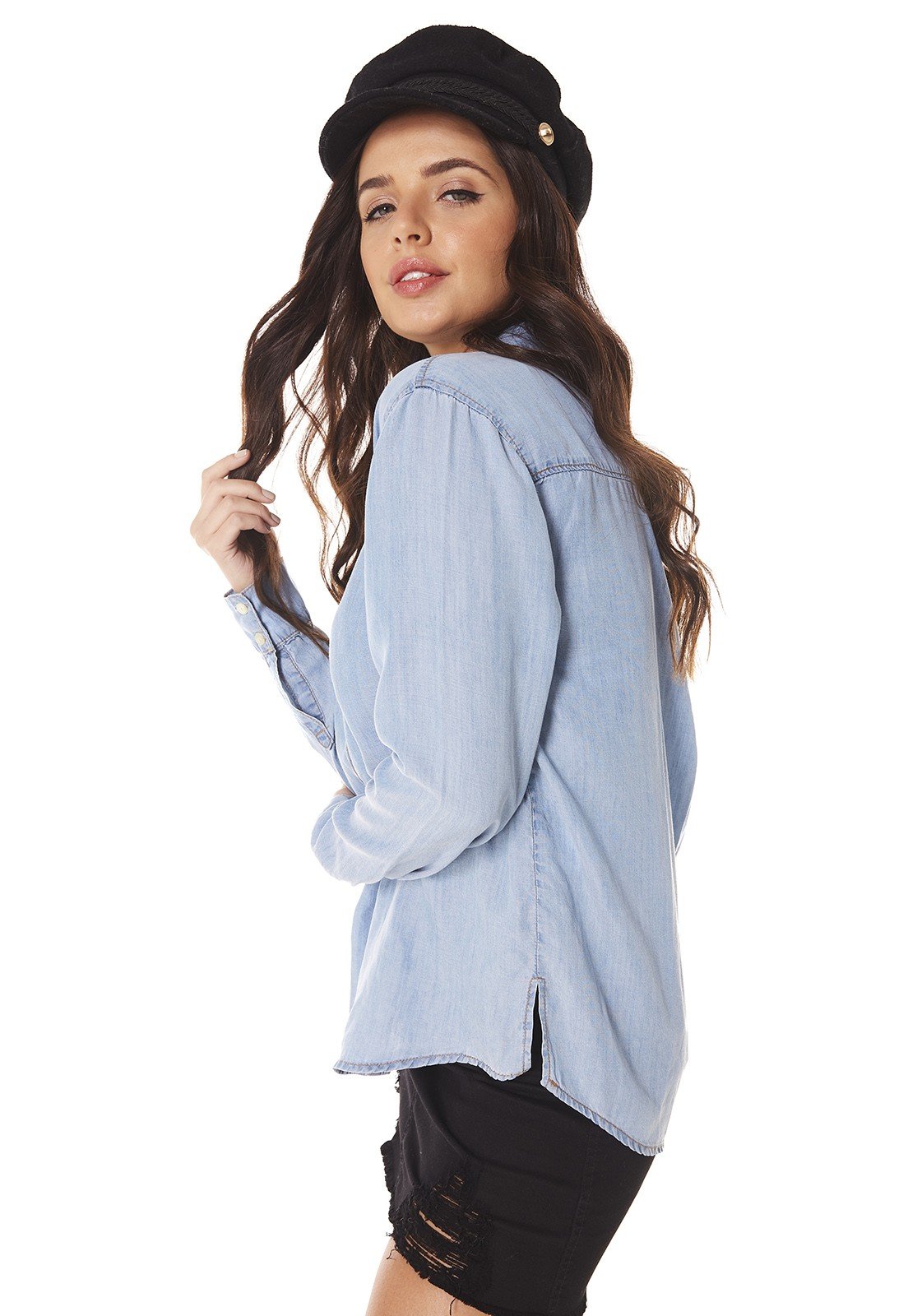 dz11158 camisa jeans feminina oversized fechamento com botoes denim zero lado prox