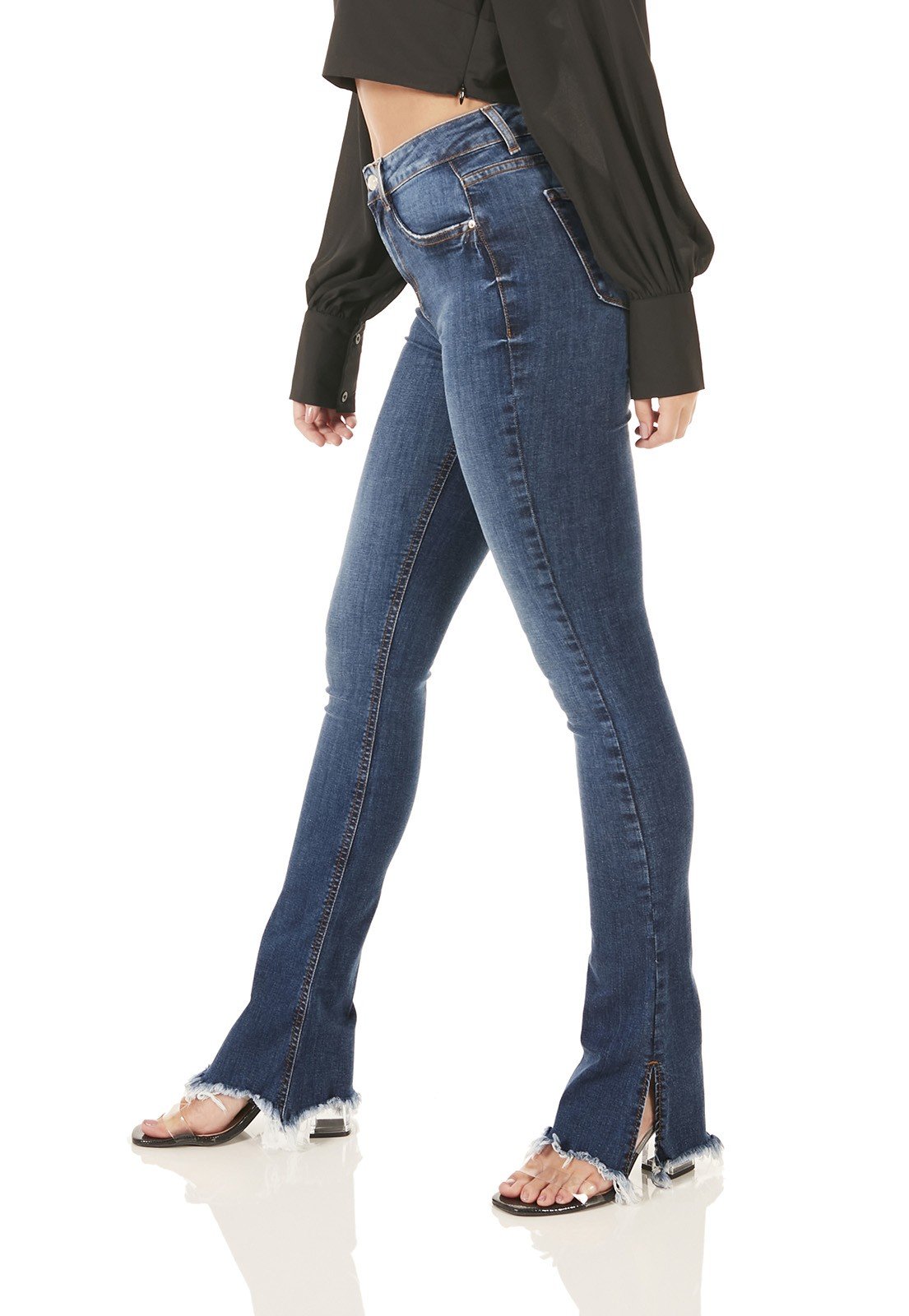 dz3781 com calca jeans feminina new boot cut media barra desfiada denim zero lado prox