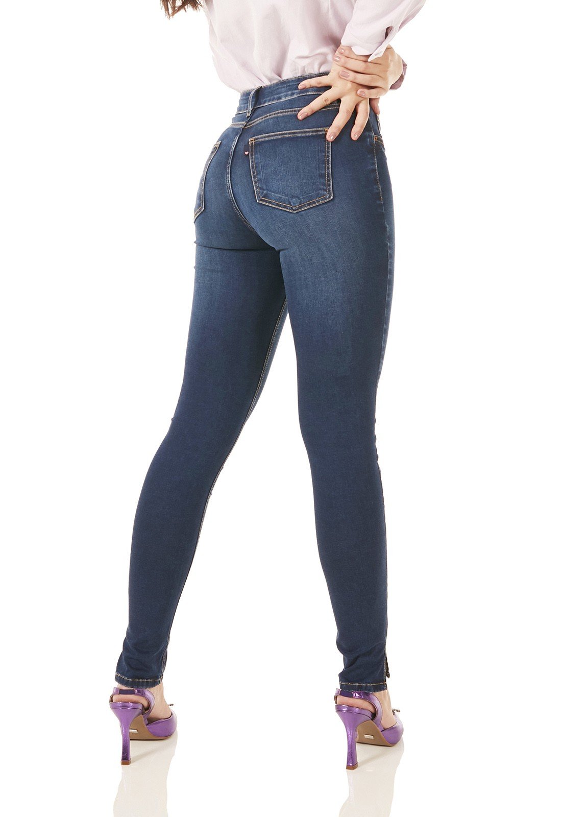 dz3764 re calca jeans feminina skinny media fenda lateral denim zero costas prox