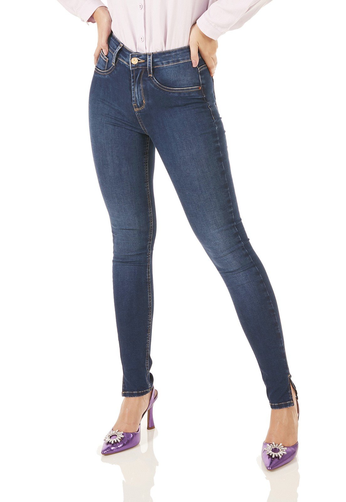 dz3764 re calca jeans feminina skinny media fenda lateral denim zero frente prox