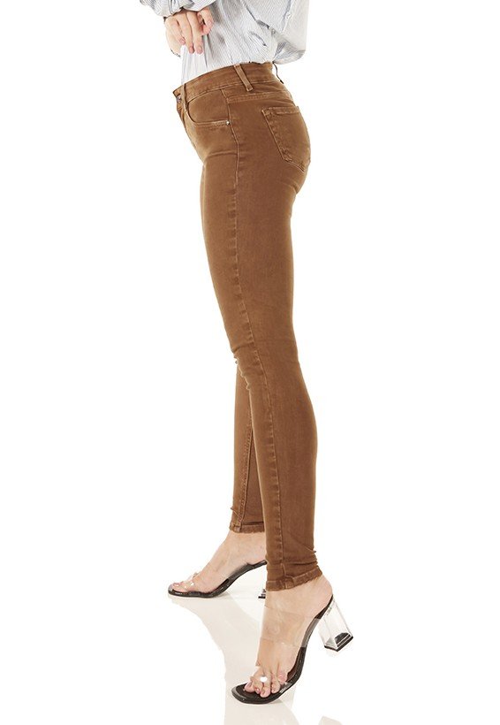 dz3626 re calca jeans feminina skinny media colorida amarula denim zero lado prox
