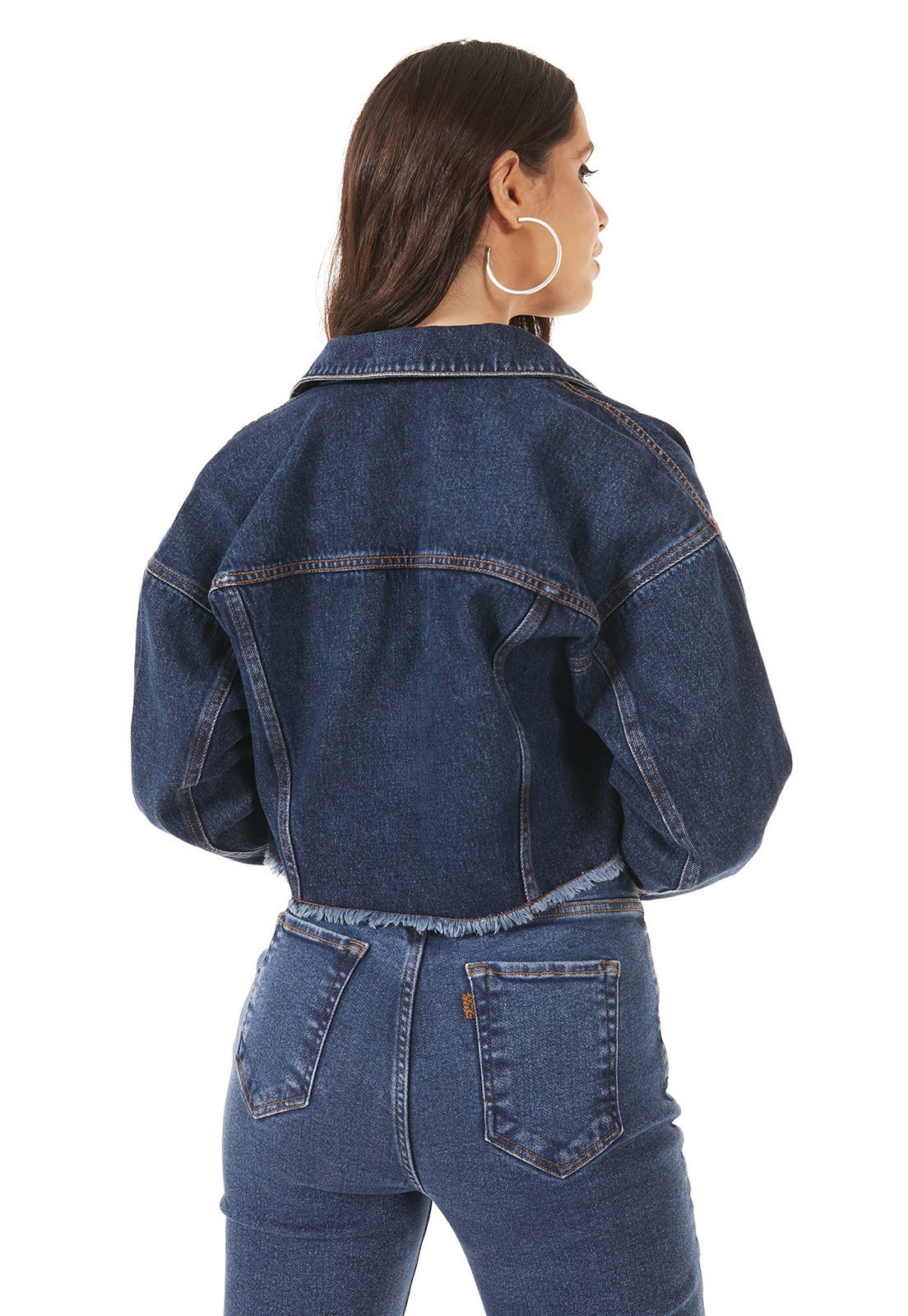 dz9138 alg jaqueta jeans feminina retro cropped barra desfiada denim zero costas