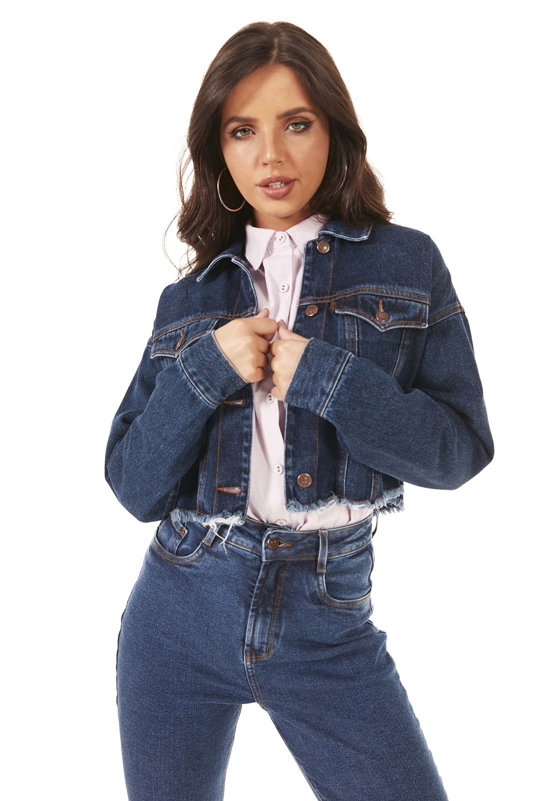 dz9138 alg jaqueta jeans feminina retro cropped barra desfiada denim zero frente
