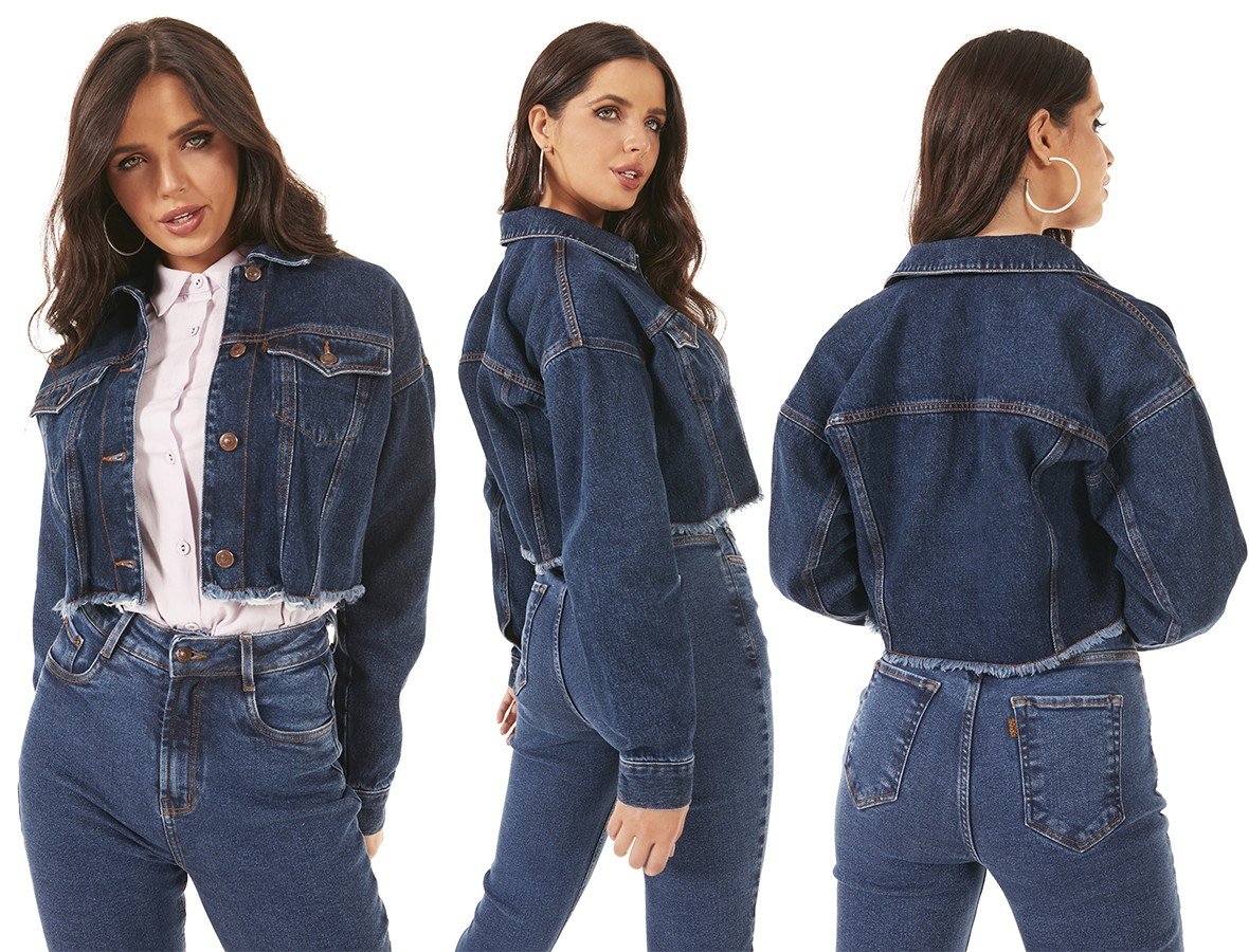 dz9138 alg jaqueta jeans feminina retro cropped barra desfiada denim zero tripla