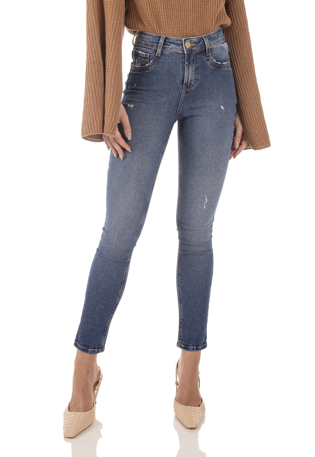 dz3730 re calca jeans feminina skinny media cigarrete com puidos denim zero frente prox