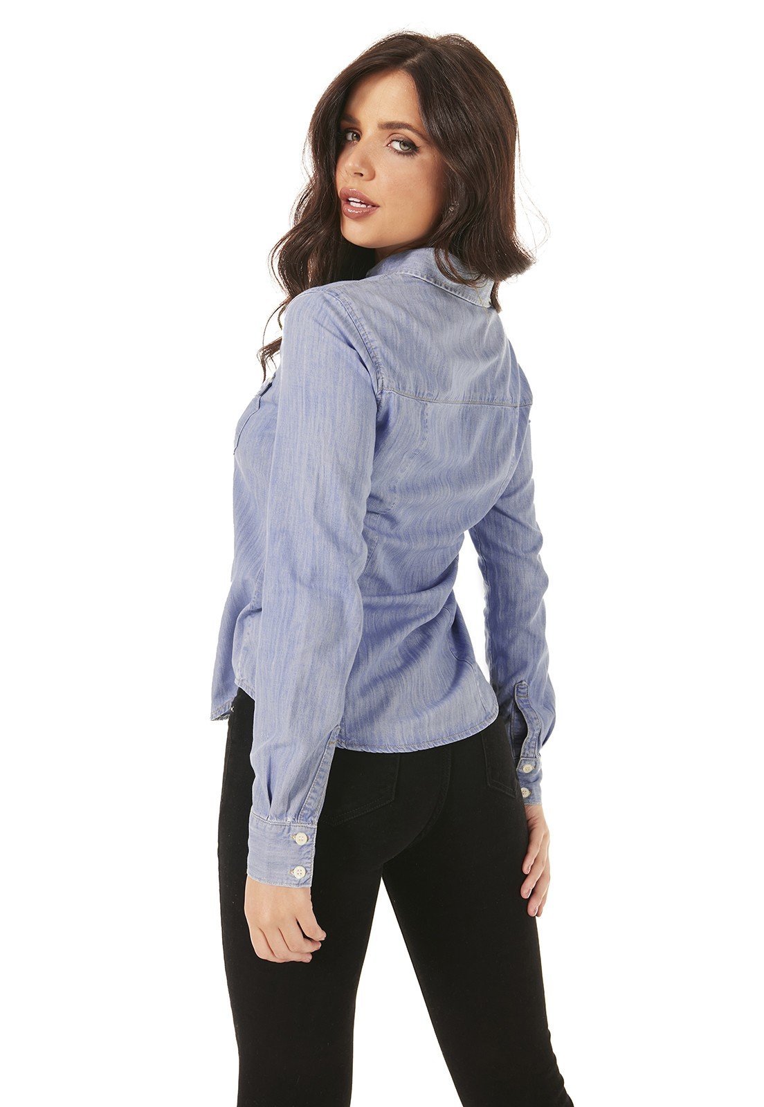 dz11155 camisa jeans feminina ajustada fechamento de botoes denim zero costas