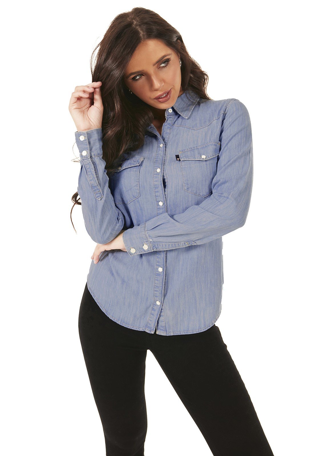 dz11155 camisa jeans feminina ajustada fechamento de botoes denim zero frente
