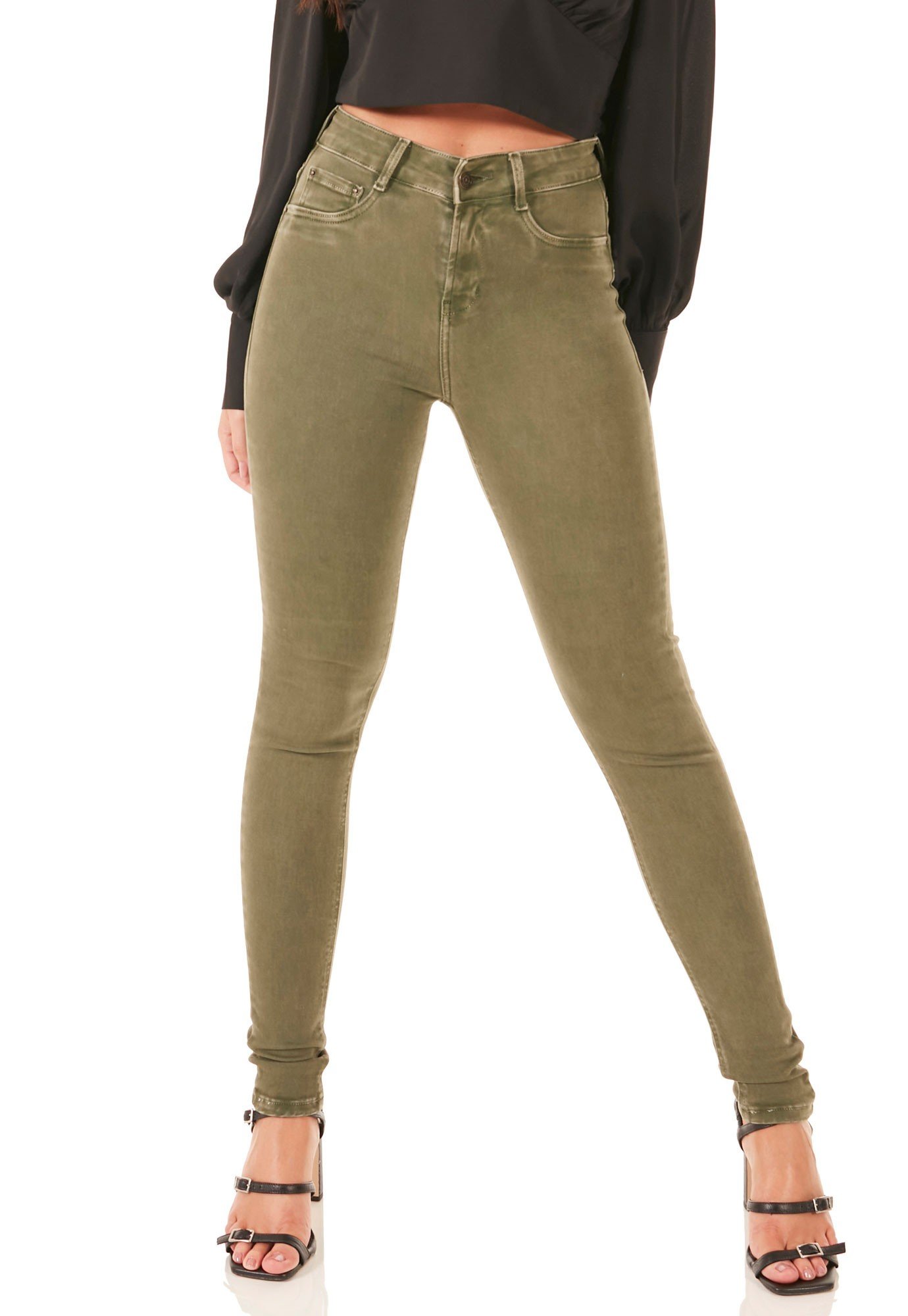 dz3626 re calca jeans feminina skinny media colorida verde militar denim zero frente prox
