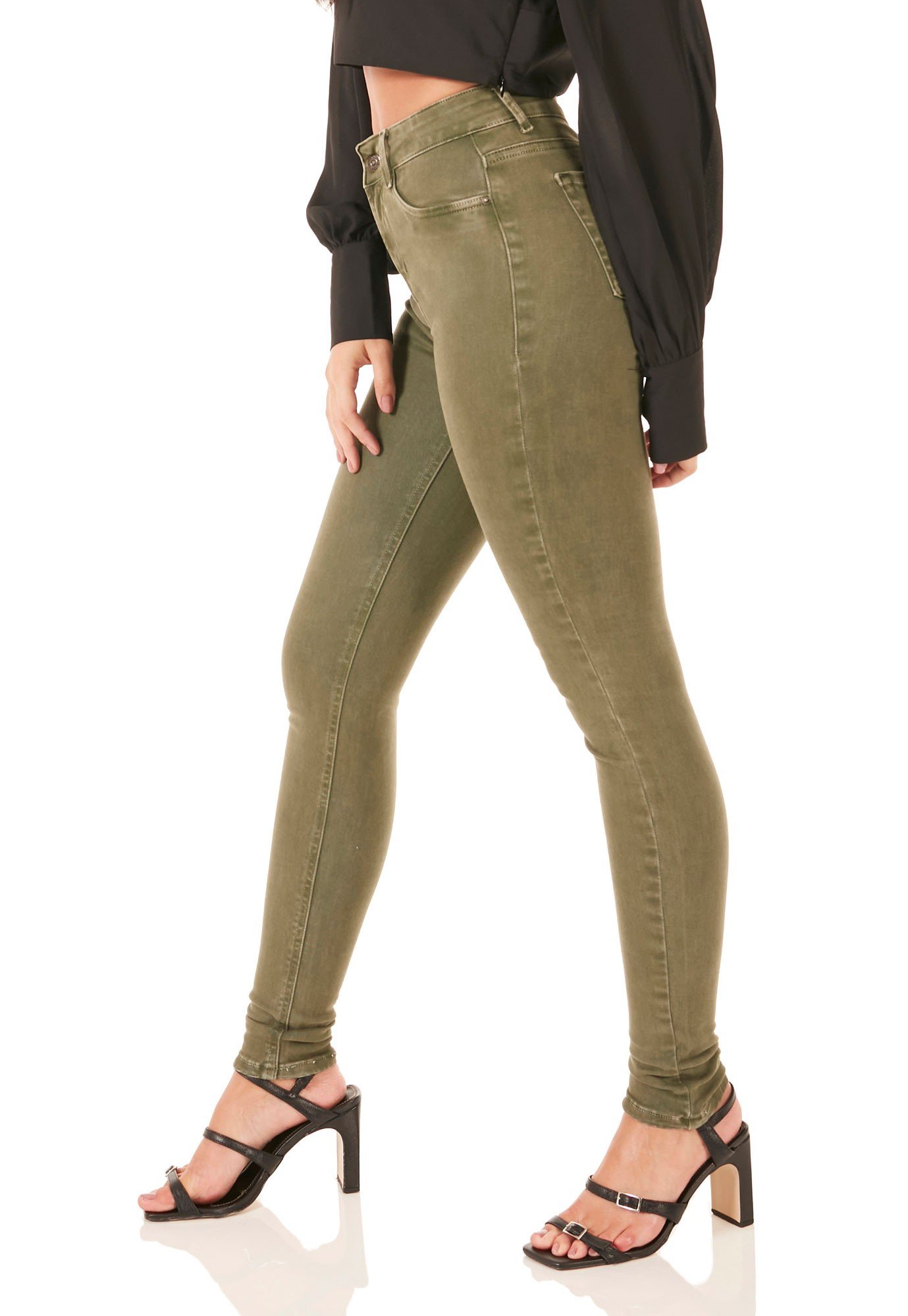 dz3626 re calca jeans feminina skinny media colorida verde militar denim zero lado prox