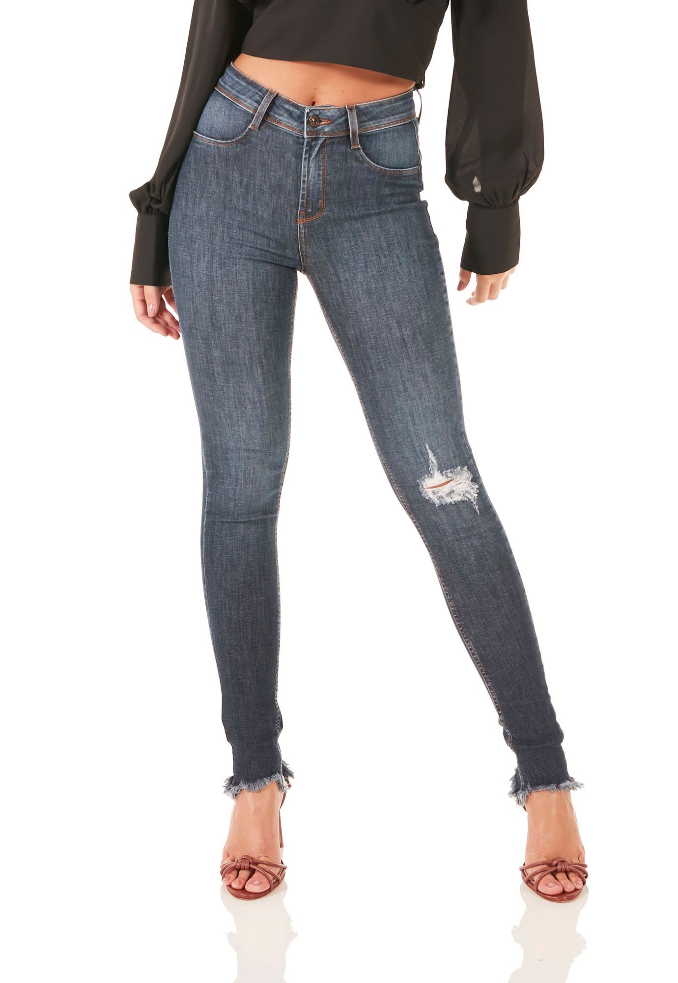 dz3763 re calca jeans feminina skinny media barra desfiada denim zero frente prox min