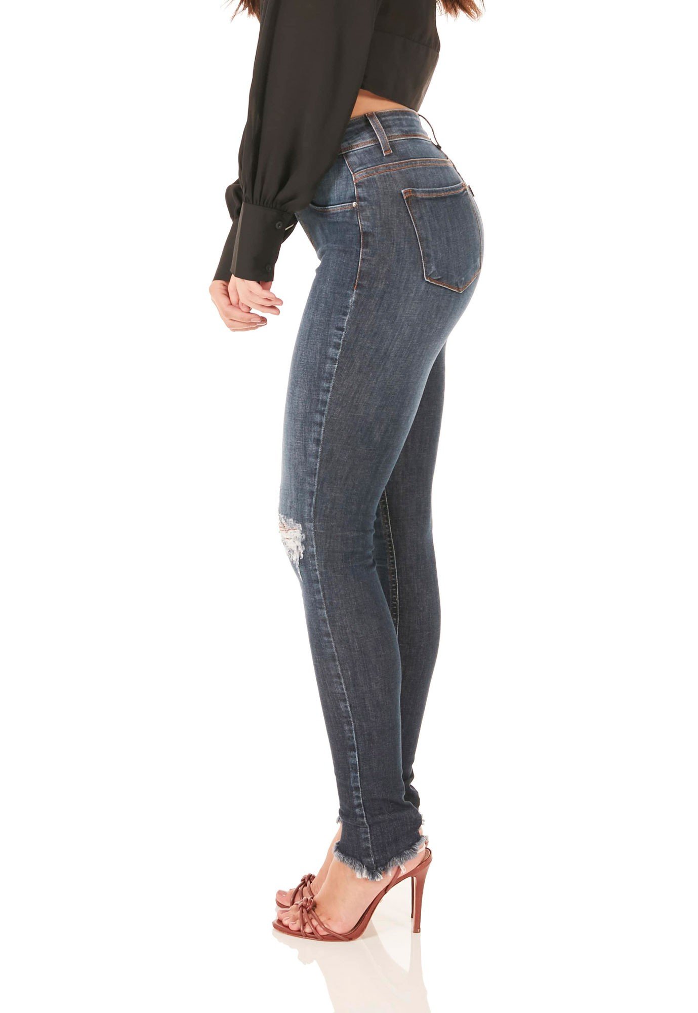 dz3763 re calca jeans feminina skinny media barra desfiada denim zero lado prox min
