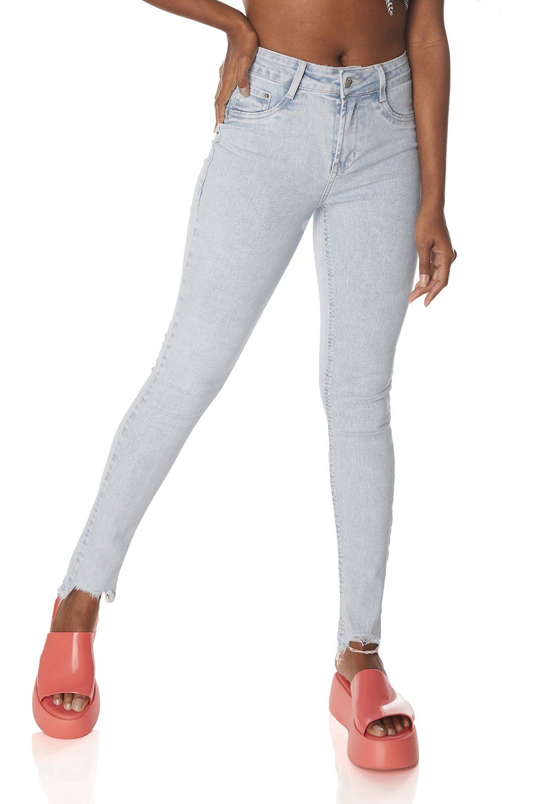 dz3828 com calca jeans feminina skinny media barra irregular denim zero frente prox