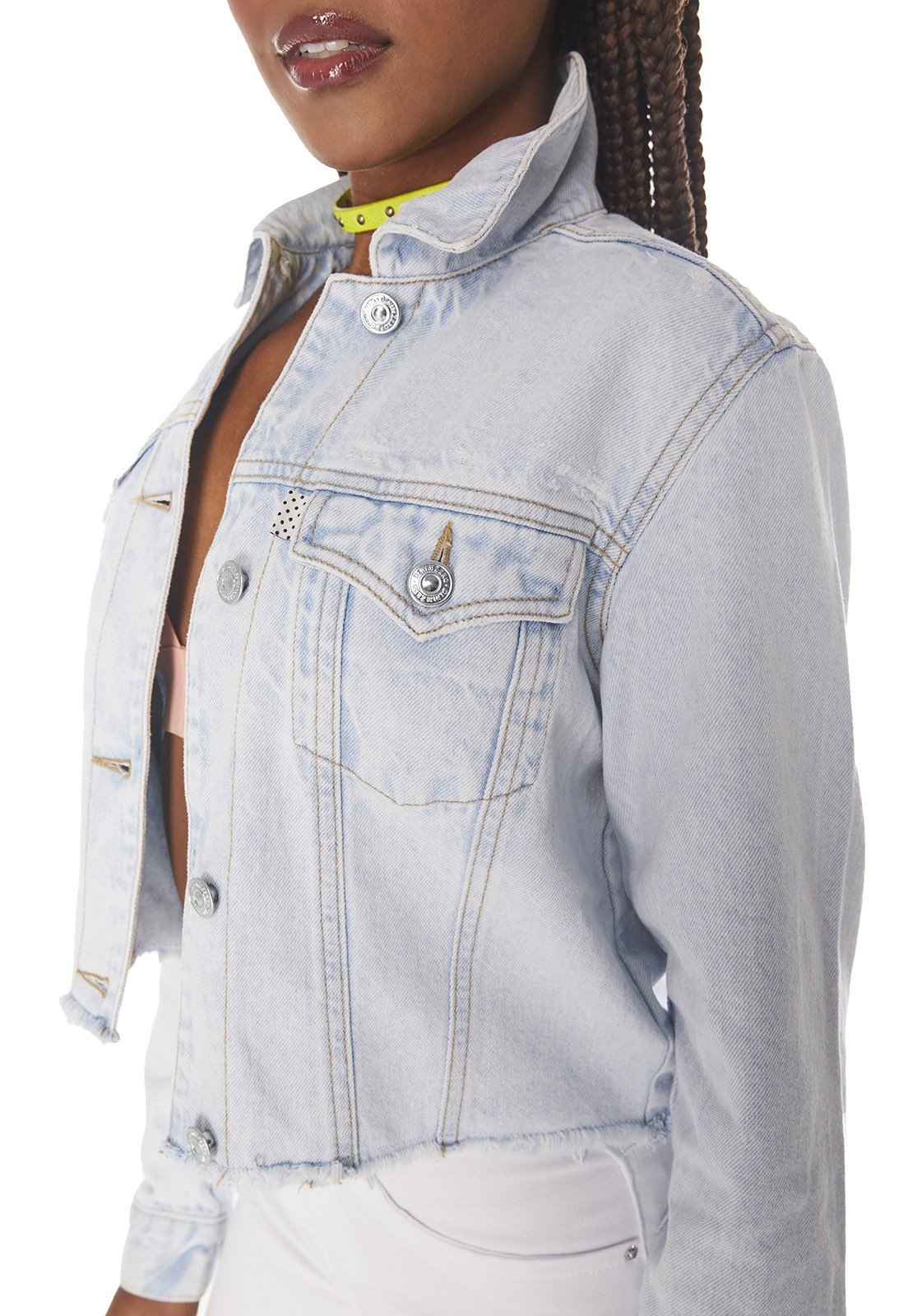 dz9143 alg jaqueta jeans feminina cropped clarinha denim zero detalhe