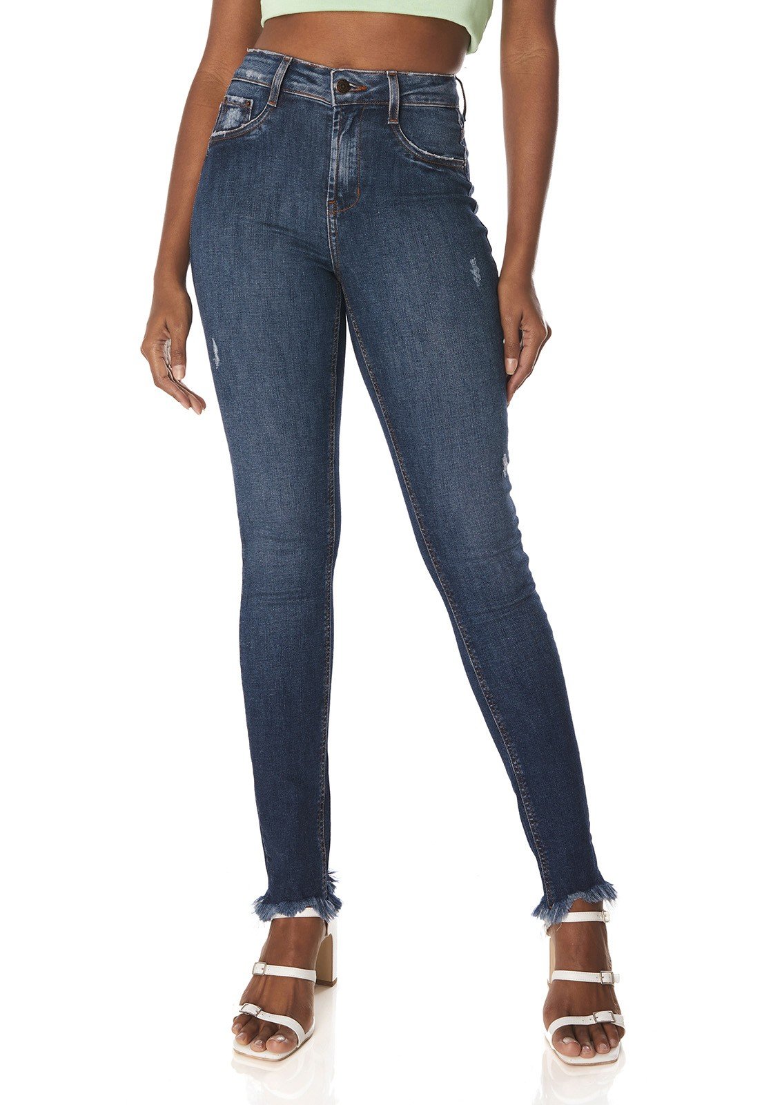 dz3761 re calca jeans feminina skinny media com puidos denim zero frente prox