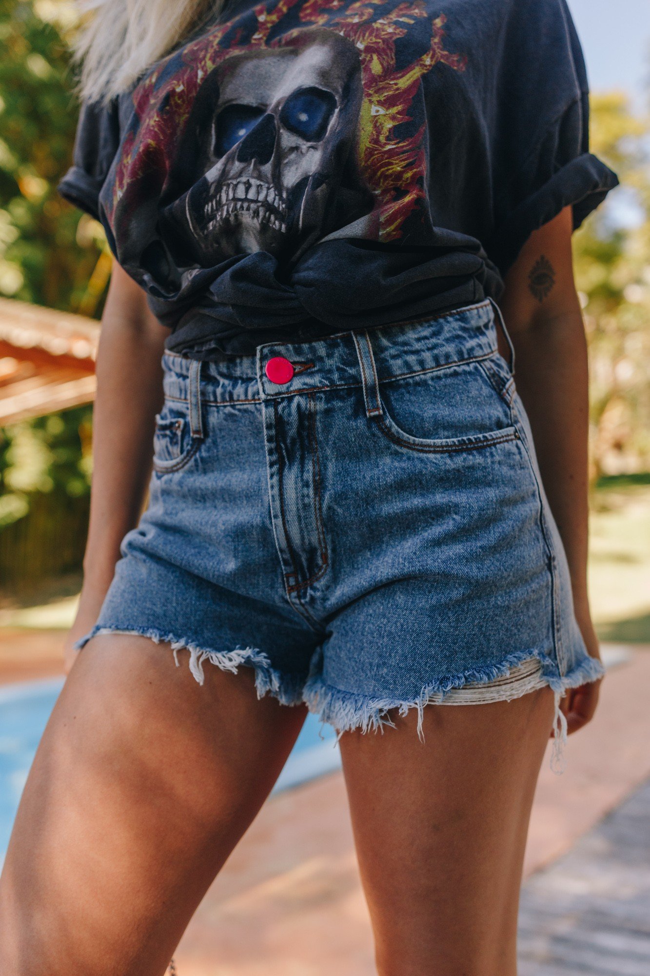 dz6481 alg shorts jeans feminino setentinha barra desfiada denim zero frente prox