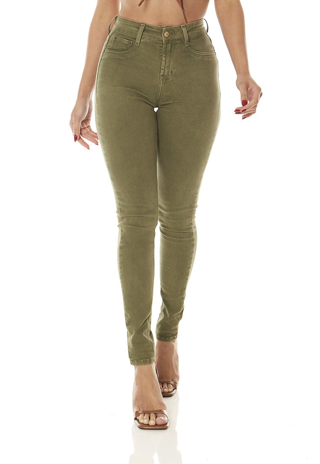 dz3626 re calca jeans feminina skinny media colorida verde militar denim zero frente prox