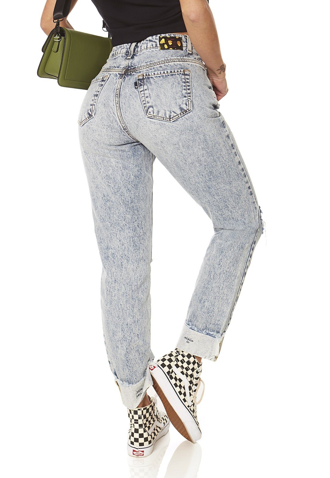 dz3874 alg calca jeans feminina mom barra dobrada denim zero costas prox