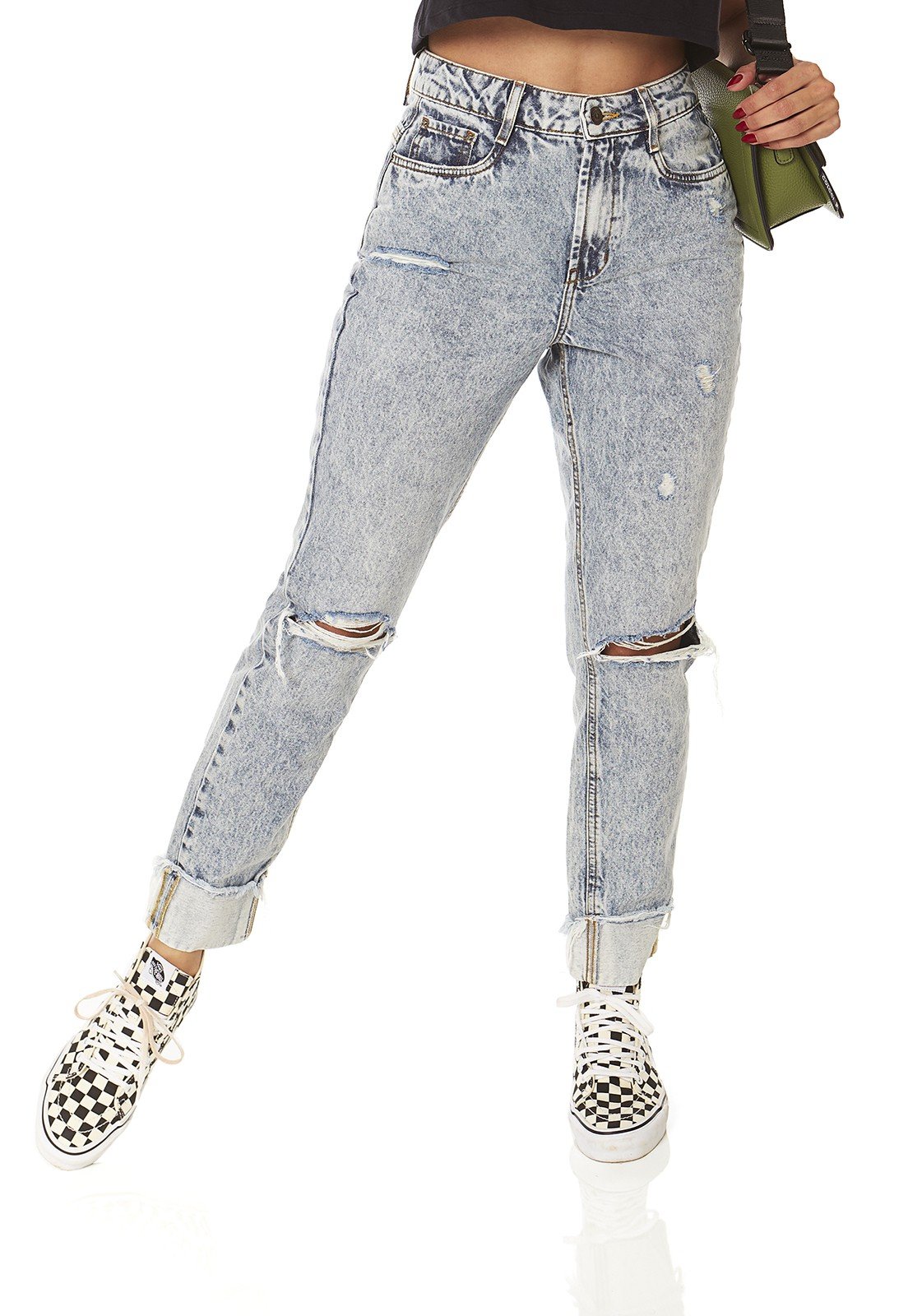dz3874 alg calca jeans feminina mom barra dobrada denim zero frente prox