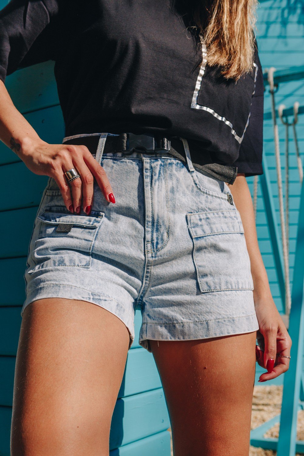 dz6484 alg shorts jeans feminina setentinha com bolsos frontais denim zero frente prox