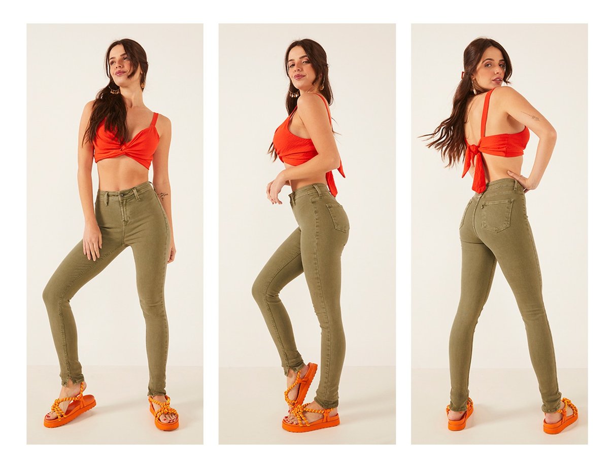dz3891 re calca jeans feminina skinny media sem bolso frontal colorida verde militar denim zero trio crop