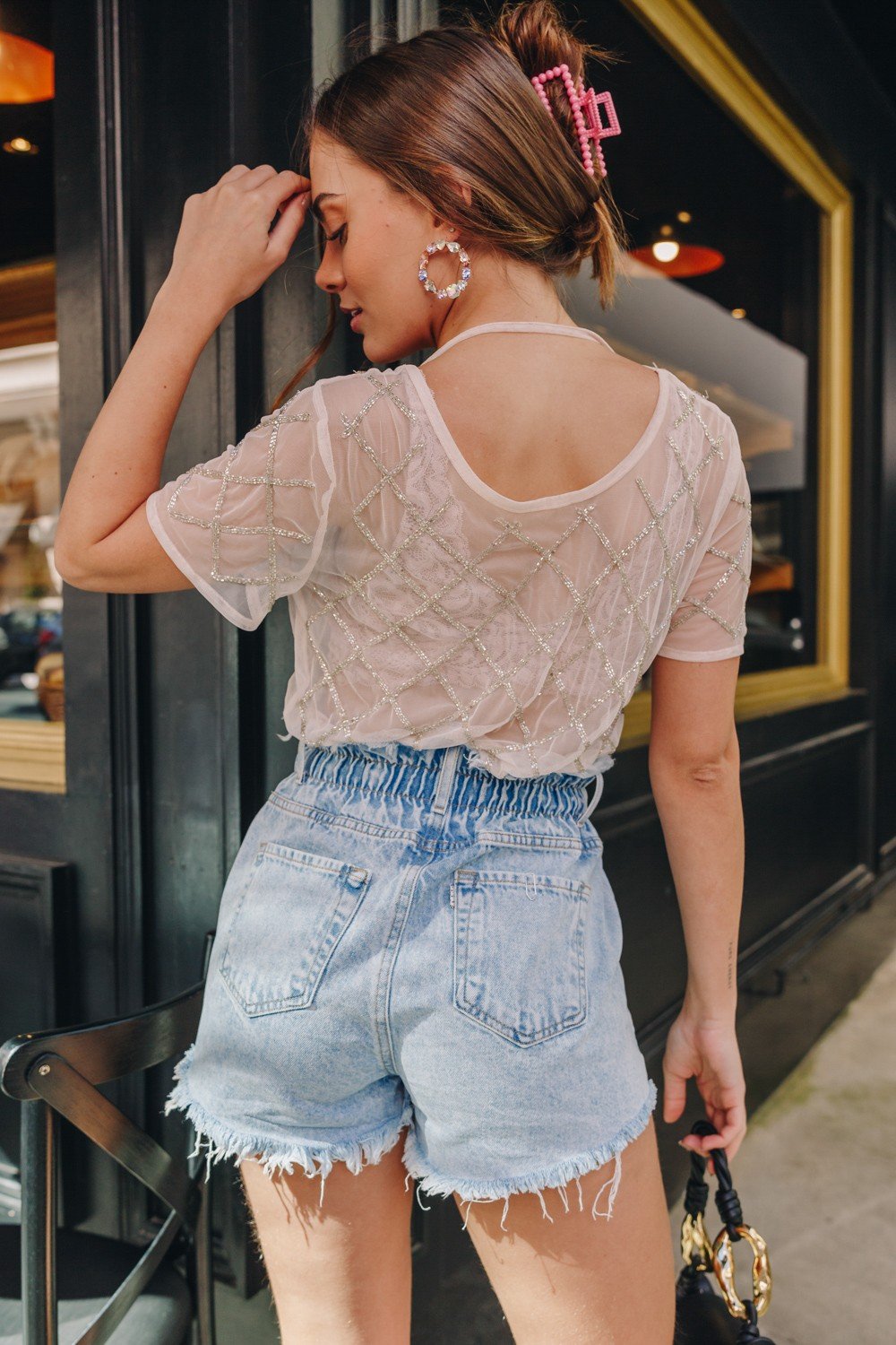 dz6518 alg shorts jeans feminino setentinha clochard com cos desfiado denim zero costas prox crop