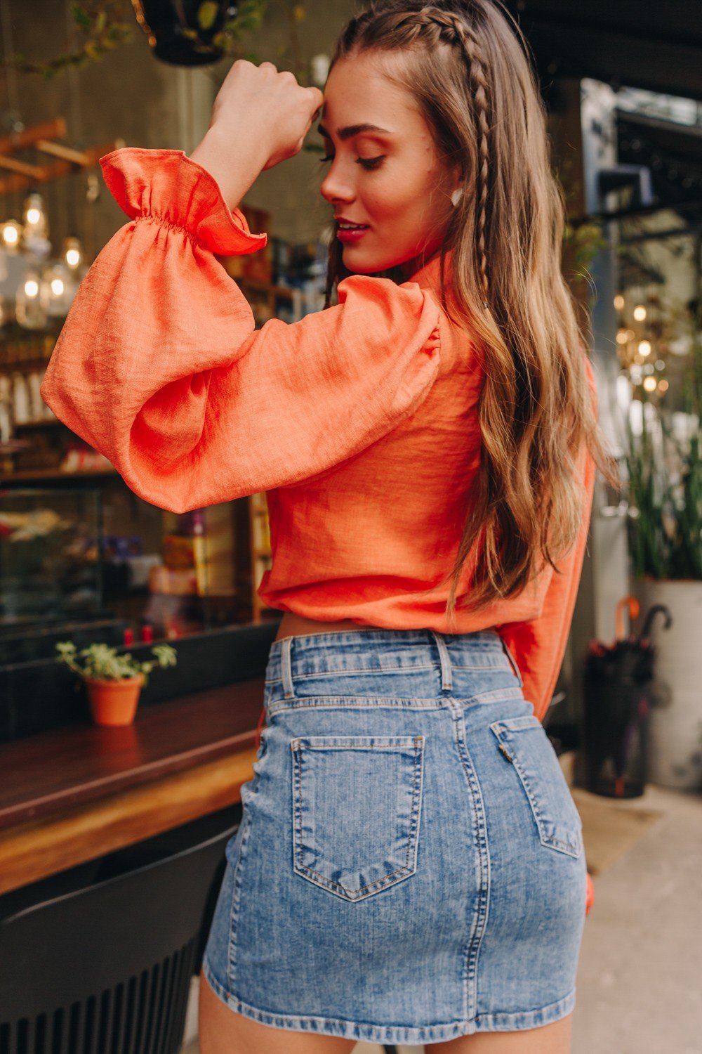 dz7215 com saia jeans feminina tubinho tradicional denim zero costas prox crop