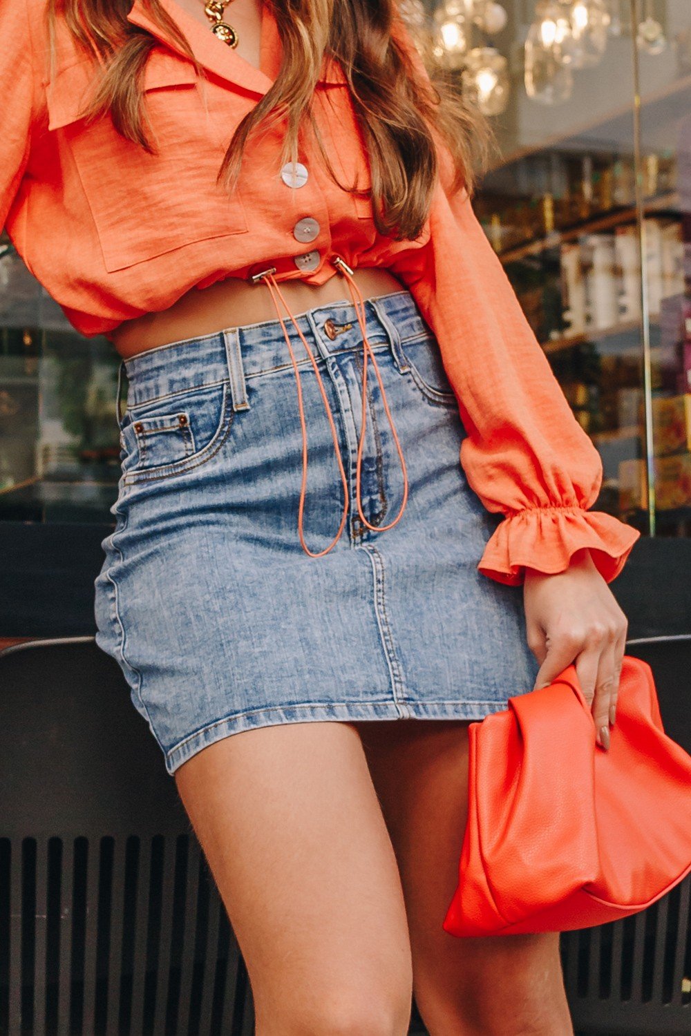 dz7215 com saia jeans feminina tubinho tradicional denim zero frente crop crop