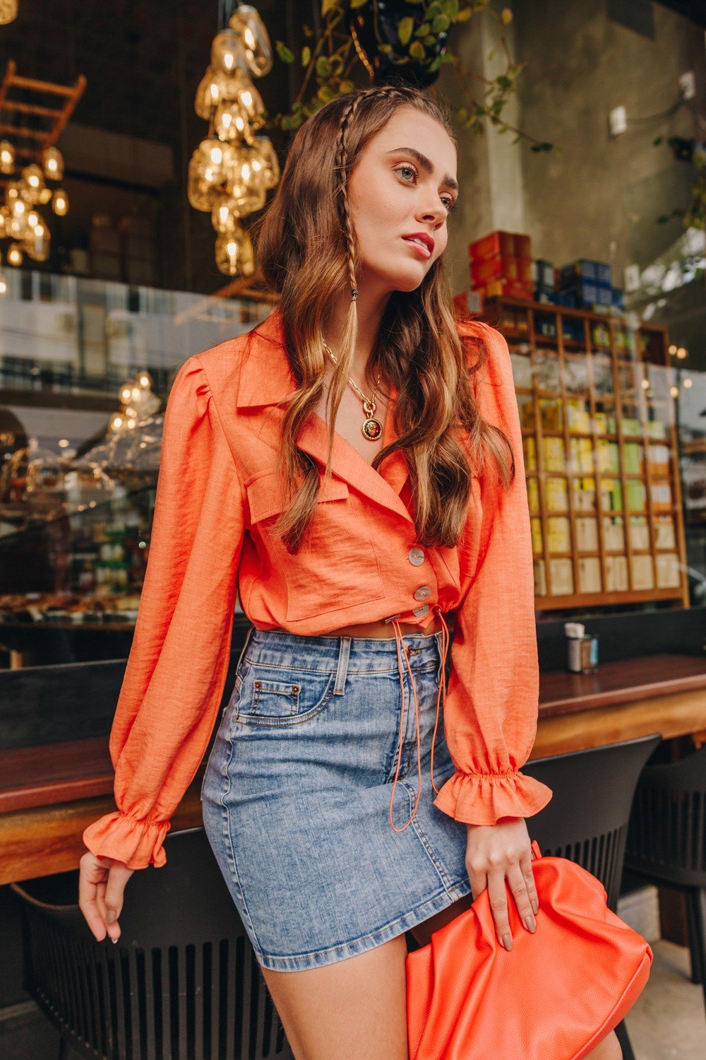 dz7215 com saia jeans feminina tubinho tradicional denim zero lado crop