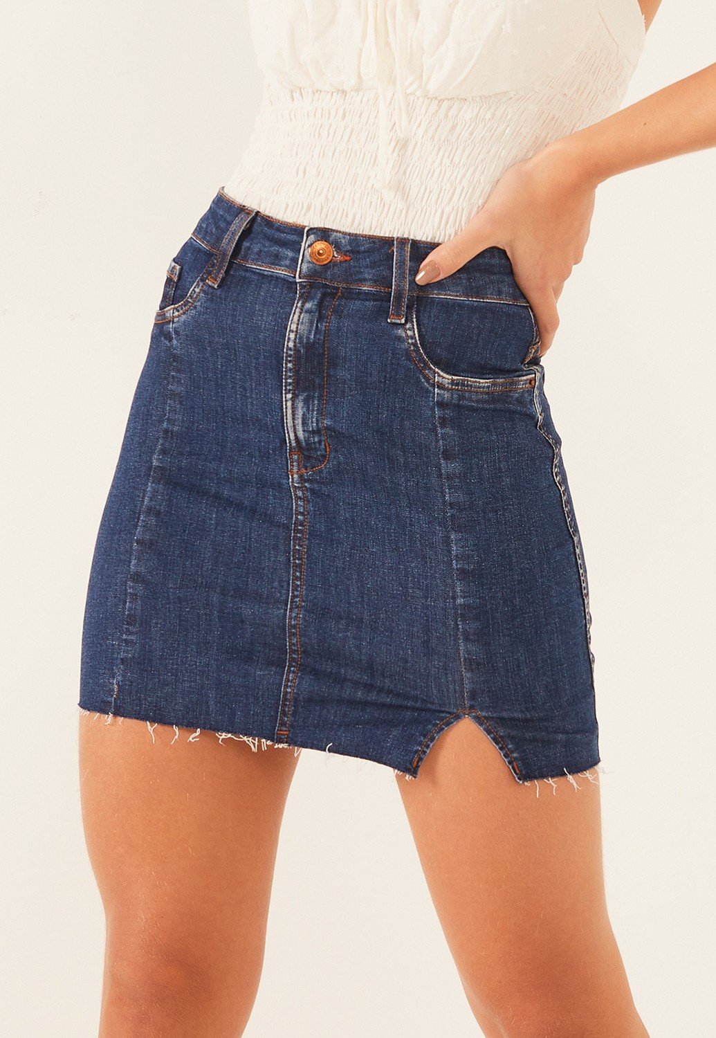 dz7216 com saia jeans feminina tubinho com abertura frontal denim zero frente prox crop