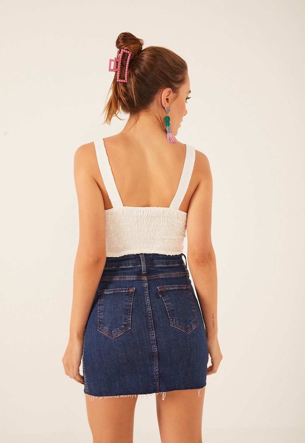 dz7216 com saia jeans feminina tubinho com abertura frontal denim zero costas crop