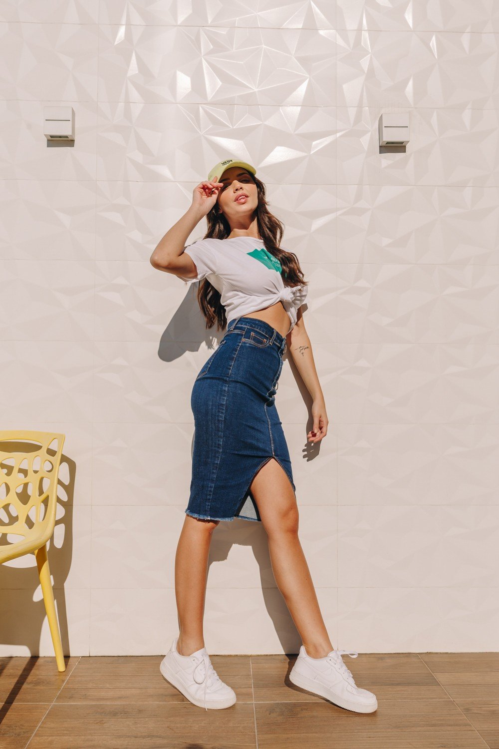 dz7217 com saia jeans feminina lapis com abertura frontal denim zero lado crop