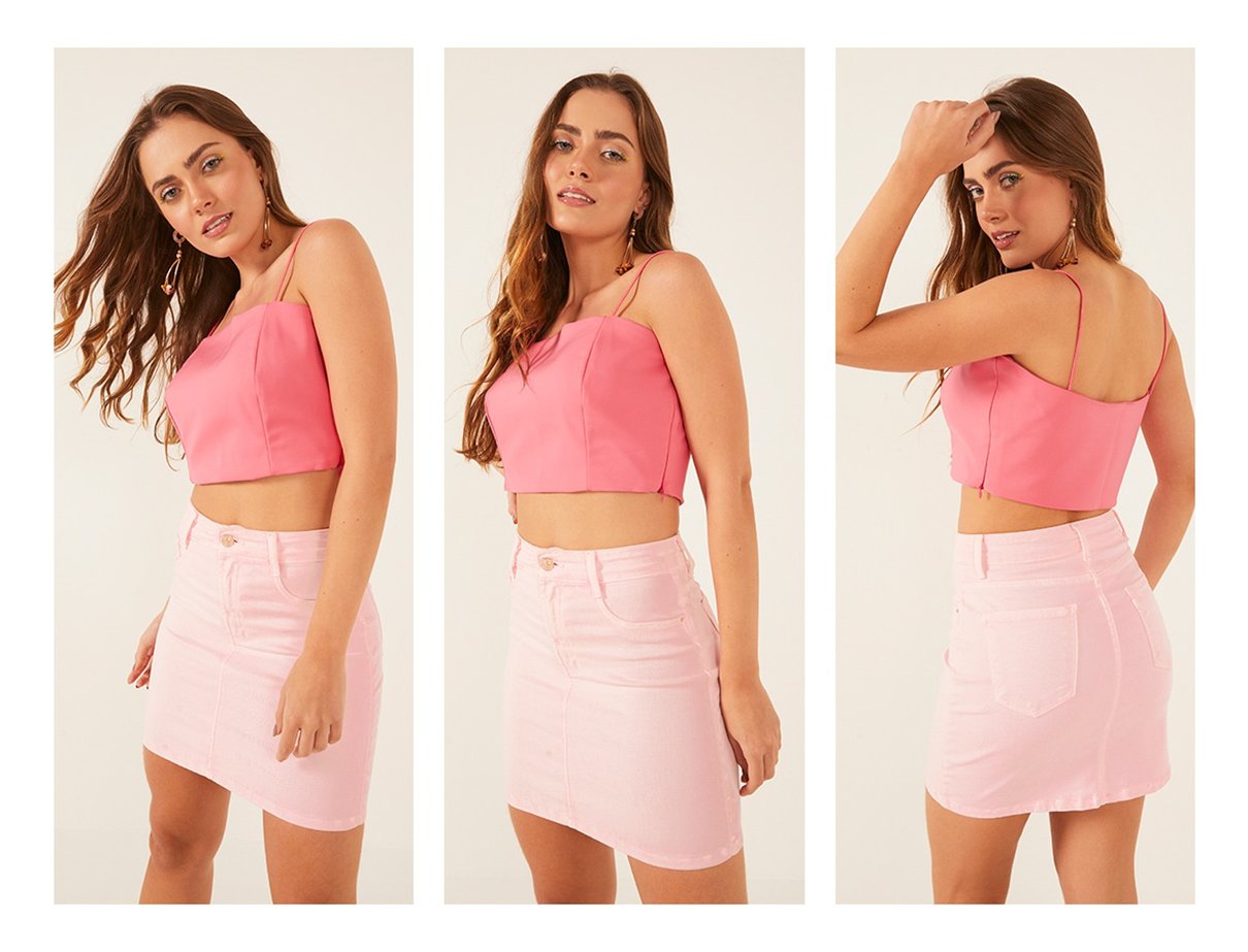 dz7205 com saia jeans feminina tubinho colorida rosa neon pastel denim zero frente trio crop