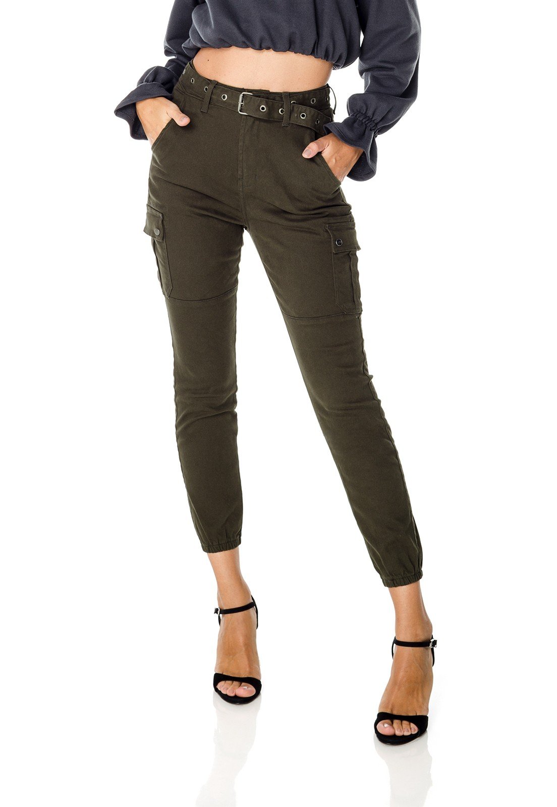 dz3688 com calca jeans feminina mom fit colorida com cinto verde militar denim zero frente prox