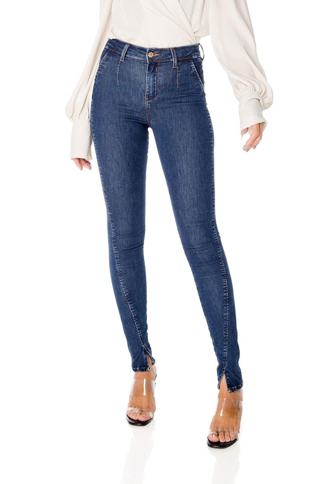 dz3664 re calca jeans feminina skinny media com abertura na barra denim zero frente prox