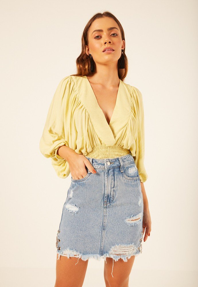 dz7223 alg saia jeans feminina regular destroyed denim zero frente