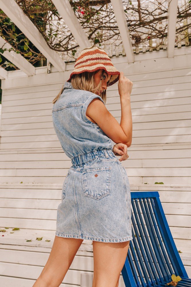 Vestido Jeans Feminino Curto com Elástico na Cintura DZ12093