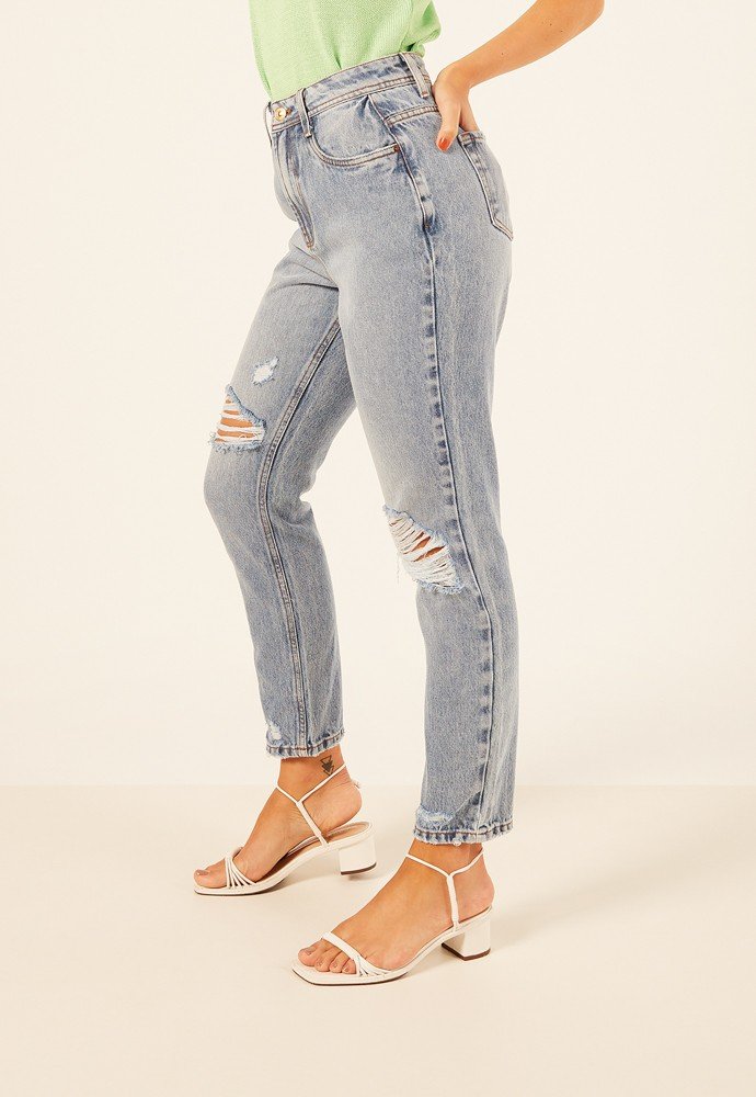 dz3926 alg calca jeans feminina mom com rasgos nos joelhos denim zero lado prox