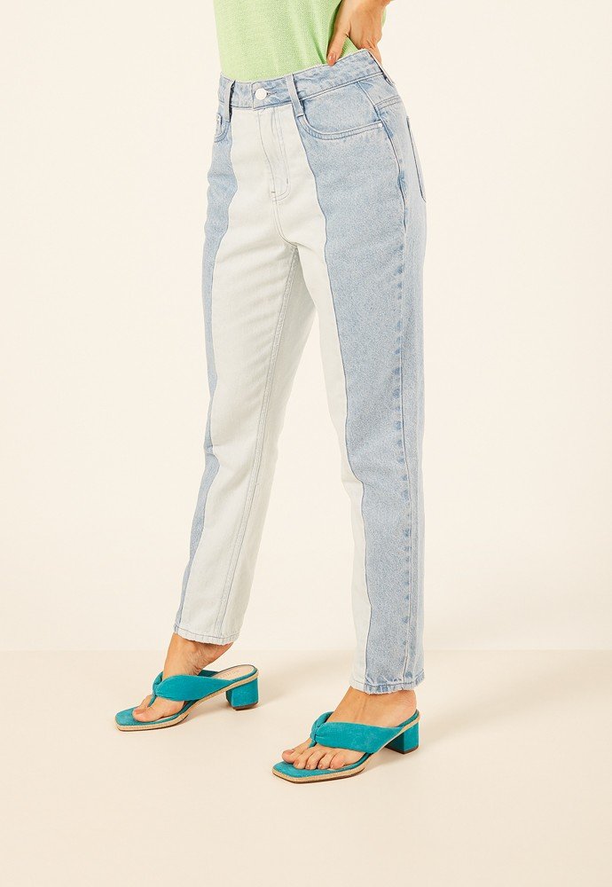 dz3927 alg calca jeans feminina mom tow tones denim zero lado prox