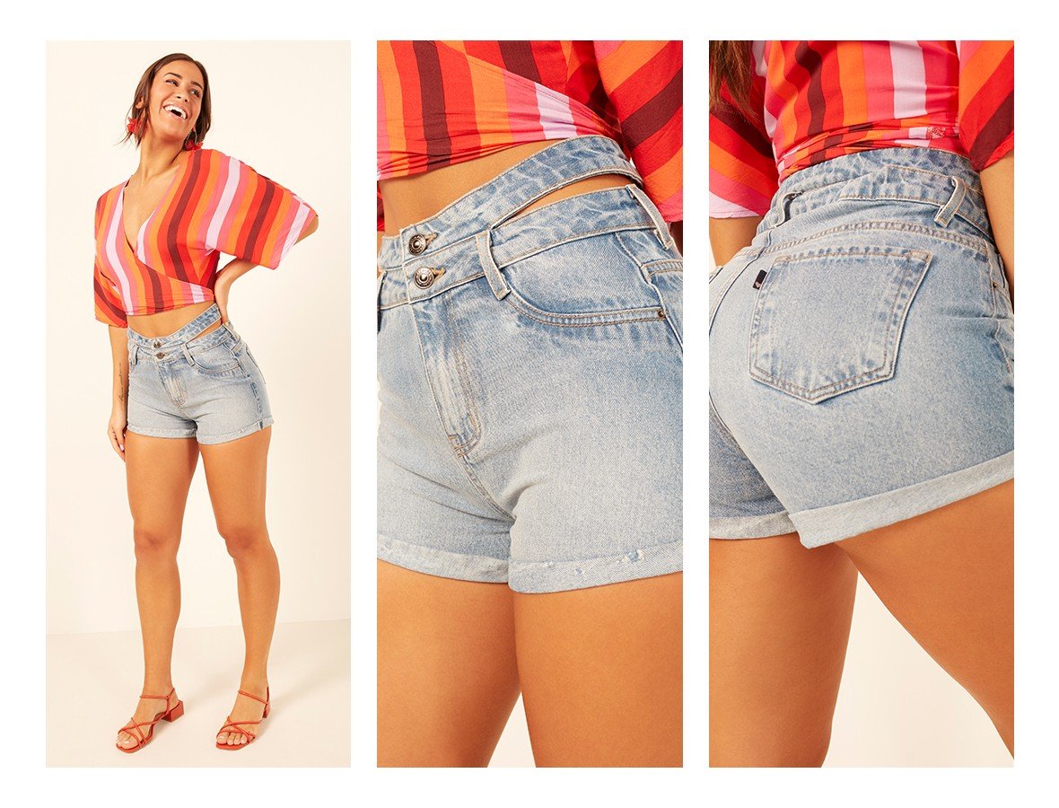 dz6540 alg shorts jeans feminino setentinha com recorte vazado no cos denim zero trio