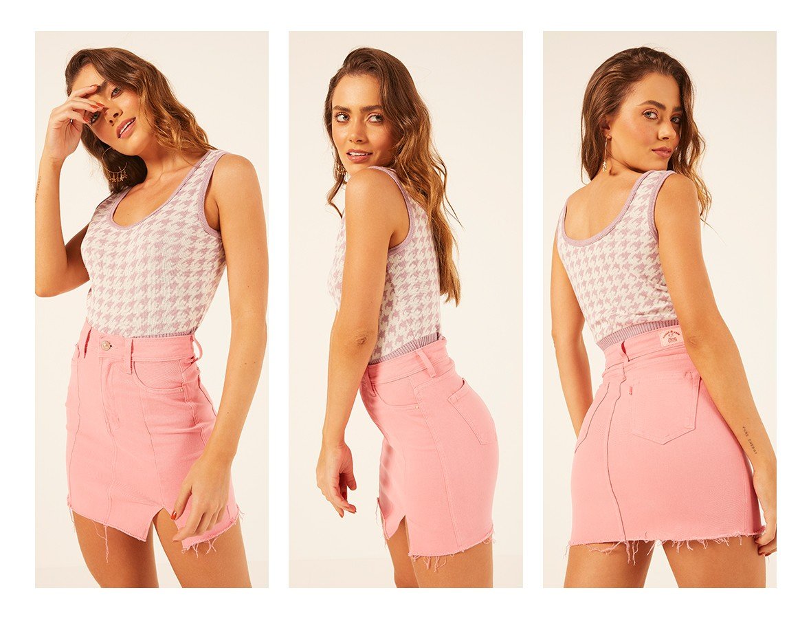 dz7218 com saia jeans feminina tubinho colorida com abertura frontal rosa vibrante denim zero trio
