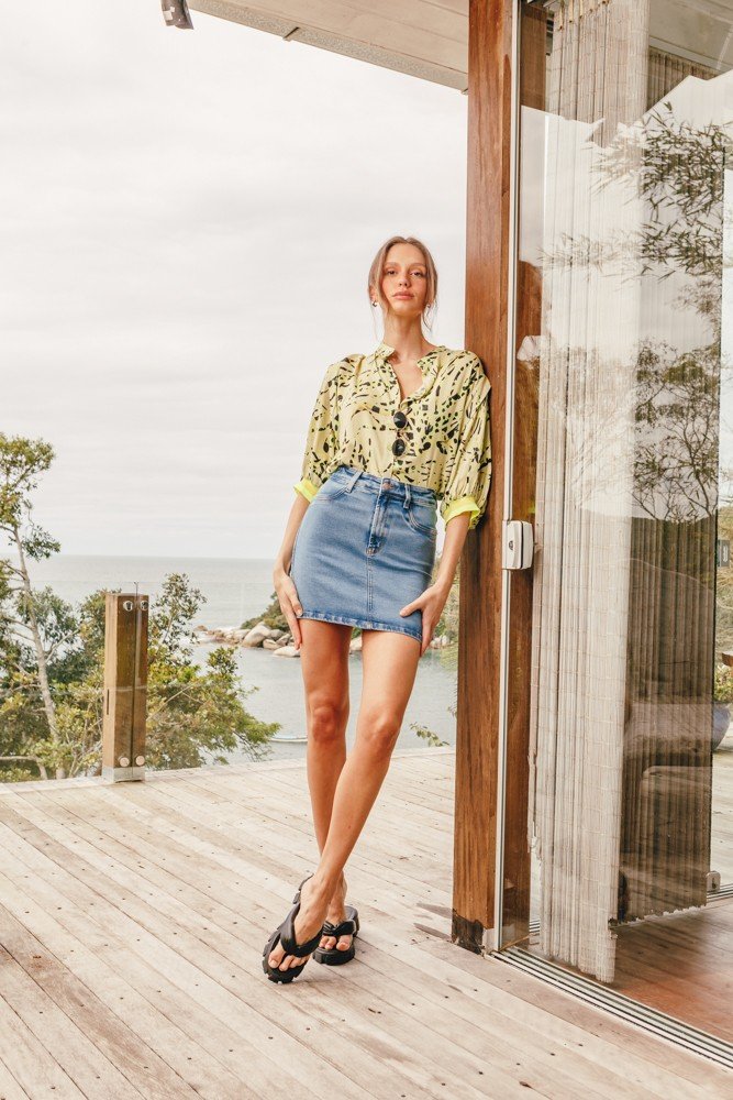 dz7221 com saia jeans feminina tubinho tradicional denim zero frente