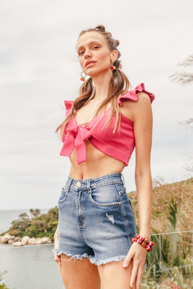 dz6558 com shorts jeans feminino setentinha fit com puidos denim zero lado