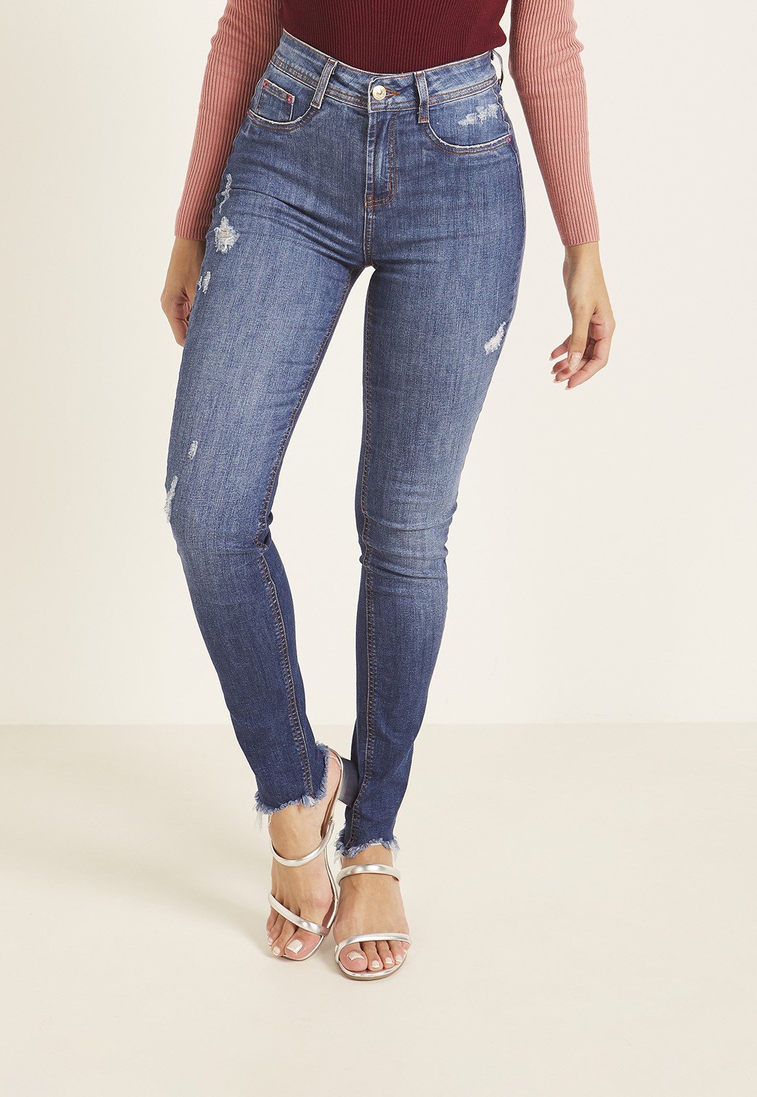 dz3978 re calca jeans feminina skinny media com puidos denim zero frente prox