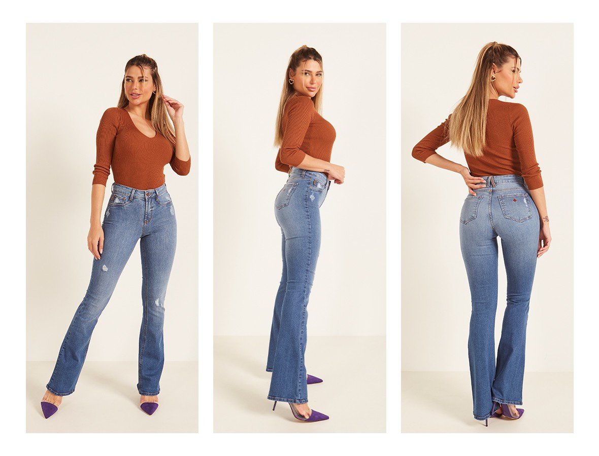 dz3983 com calca jeans feminina flare media com puidos denim zero trio