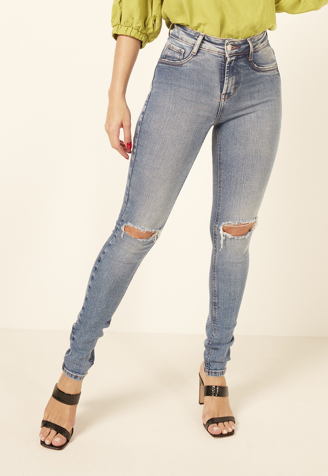 dz3723 re calca jeans feminina skinny media com rasgos nos joelhos denim zero frente prox