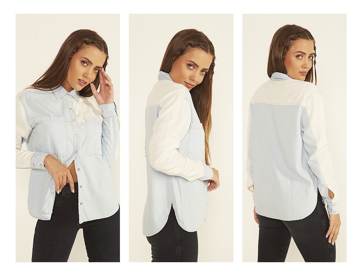 dz11164 alg camisa jeans feminina oversize two tones denim zero trio