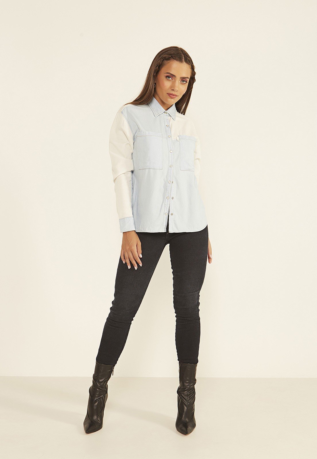 dz11164 alg camisa jeans feminina oversize two tones denim zero frente