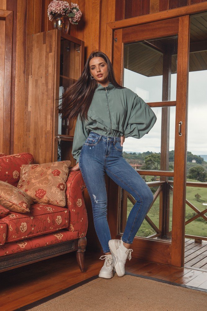 dz3999 com calca jeans feminina skinny media cigarrete com puidos denim zero frente